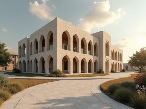 L'immagine mostra un moderno edificio universitario con una struttura architettonica lussuosa e imponente. L'edificio è principalmente in vetro, con molti piani e una forma geometrica irregolare. Alcune persone si possono vedere davanti all'edificio, che è circondato da una zona verde con alberi. C'è anche un sentiero che porta all'ingresso dell'ed