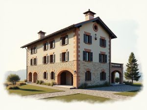 L'immagine illustra un grande grattacielo grigio con vetrata blu nel centro della fotografia. L'edificio ha un design moderno ed è molto alto, con molte finestre. C'è una struttura di piccole righelle che ricopre l'intera superficie dell'edificio. In basso si vedono altre strutture cittadine più piccole. Il cielo sovrastante è