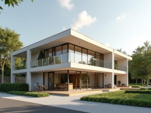 L'immagine raffigura un'ambiziosa costruzione architettonica moderna. Si tratta di un grattacielo vetrato molto alto, dall'aspetto futuristico, con una miriade di linee svettanti verso il cielo. Sembra essere situato in mezzi ad altri edifici, in un contesto urbano. La struttura viene messa in risalto da un cielo