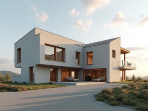 L'immagine rappresenta un progetto di architettura strutturale di un edificio moderno. Le linee semplici e pulite del design suggeriscono un approccio minimalista. L'edificio ha una struttura principale color argento con grandi vetrate. La composizione è in toni freddi che conferiscono un'atmosfera tranquilla e sofisticata. Inoltre, l'
