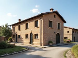 L'immagine mostra una vasta area verde con un design di percorso curvo in pietra che porta a un'antica torre di mattoni nel mezzo. La torre, che sembra essere un faro, è circondata da alberi e piantanze. Nel cielo azzurro ci sono alcune nuvole bianche sparpagliate. L'immagine sembra essere un conceptual rendering o una graf
