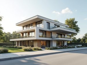L'immagine sembra essere una rappresentazione artistica di un futuro in cui la tecnologia domina l'ambiente urbano. Si vede un grattacielo molto alto e moderno, di colore bianco, a forma conica, al centro dell'immagine. La struttura è circondata da droni volanti e automobili volanti. In cima all'edificio, si può vedere una struttura rotonda, for