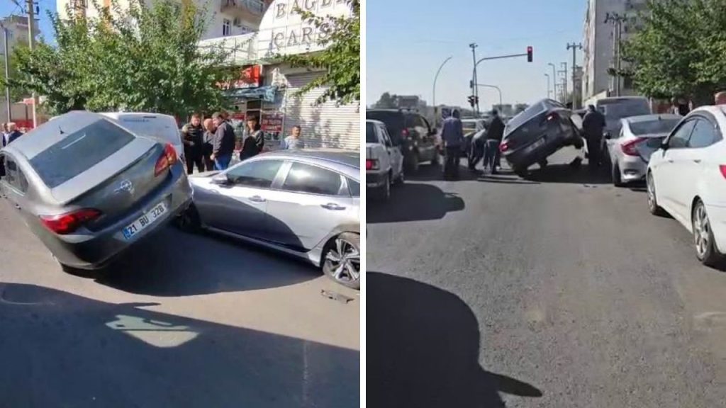 Incidente stradale a Diyarbakır: un&#039;auto si ritrova appesa sopra due veicoli dopo aver perso il controllo