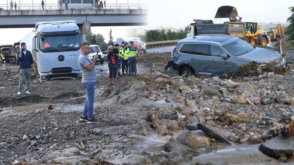 Sağanak sonrası kabus: Hatay&#039;da otoyol çamura teslim oldu, araçlar mahsur kaldı