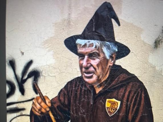 Murale di Drugi: Gasperini‑mago mescola una pozione magica a Roma