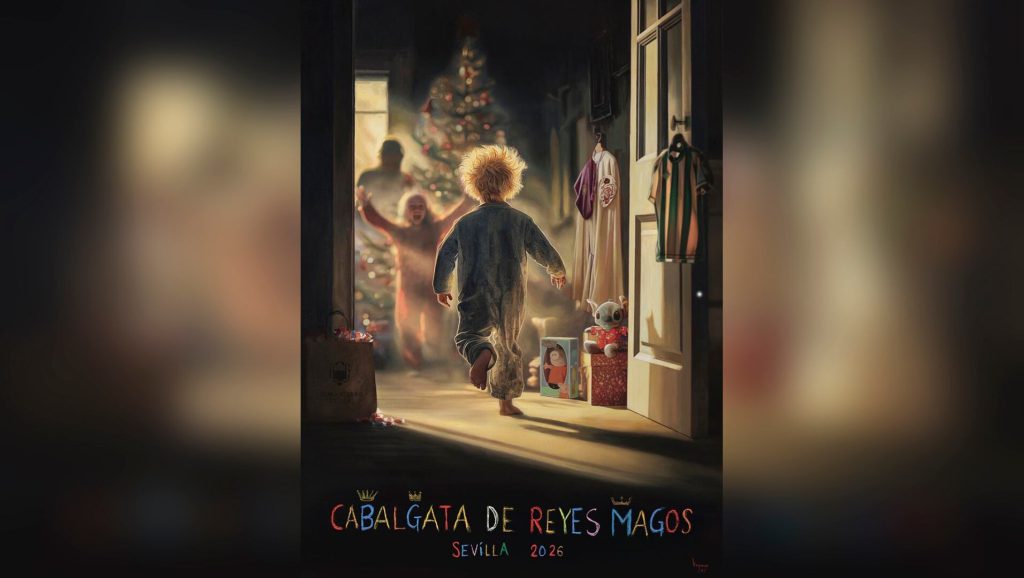 Cartellone della cabalgata dei Re di Siviglia del 2026 provoca polemica per la maglietta del Real Betis e la tunica della Hermandad de la Macarena