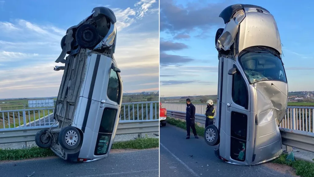 Veicolo commerciale si blocca in posizione verticale dopo collisione con barriera a Tekirdağ